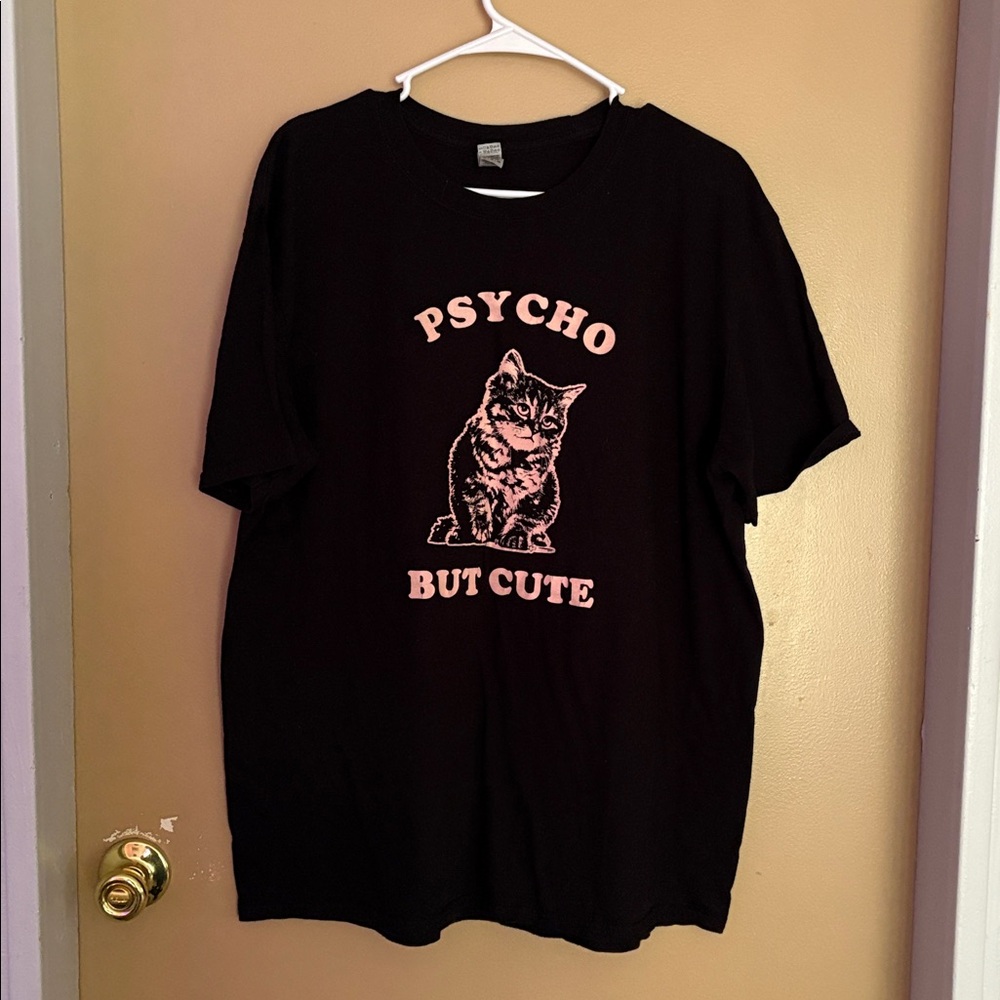 Black Tee with Cat and Pink Text